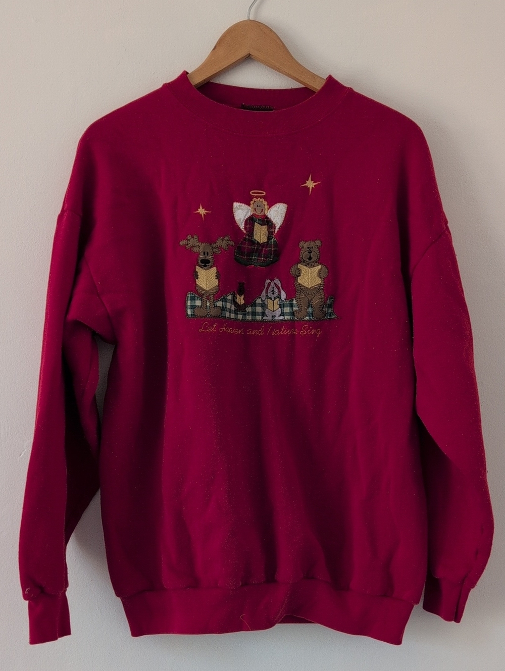 Vintage Red Holiday Christmas Applique Sweatshirt Ugly Sweater Angel Rabbit XL